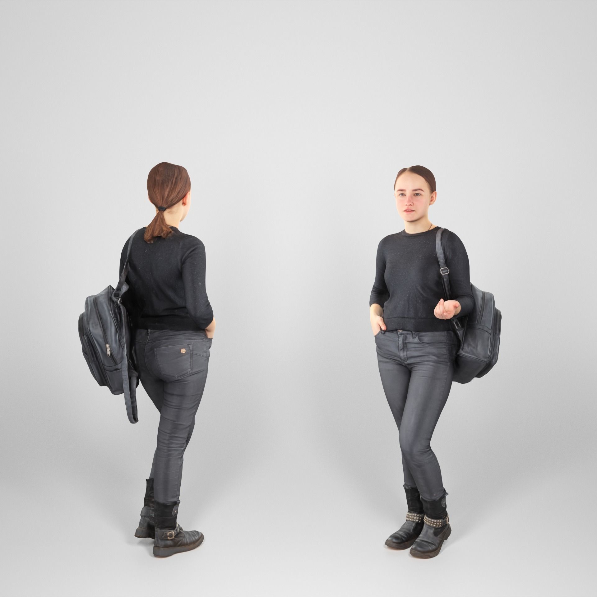 Woman dressed in black with a backpack 100 Low-poly 3D model_1