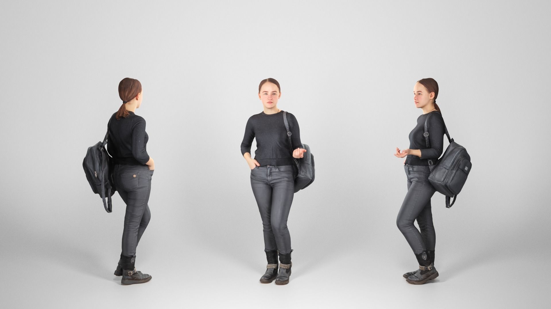 Woman dressed in black with a backpack 100 Low-poly 3D model_2