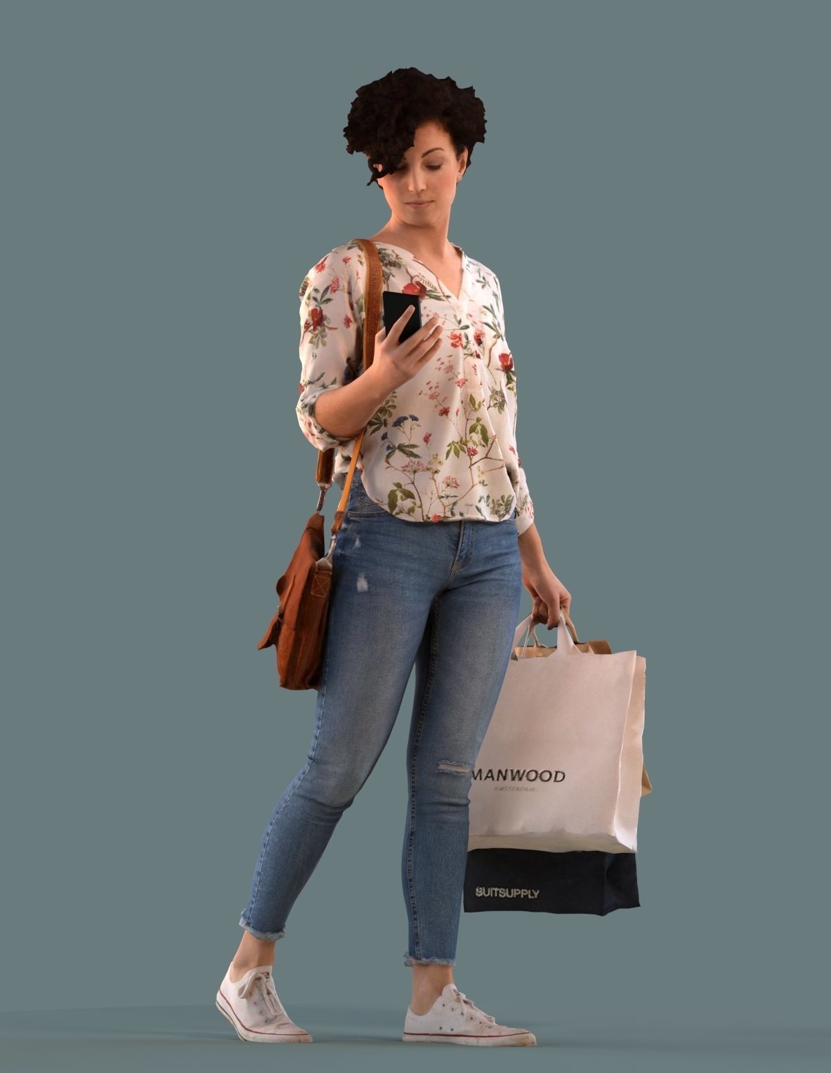 Low poly set of 3D females on their phone 3D model_4