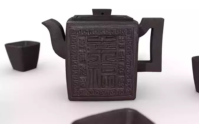 Chinese Teapot with Cups Low-poly 3D model