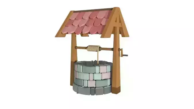 low poly well wooden water with roof