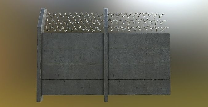 Modular Concrete Fence With Thick Barbed Wire Low-poly 3D model