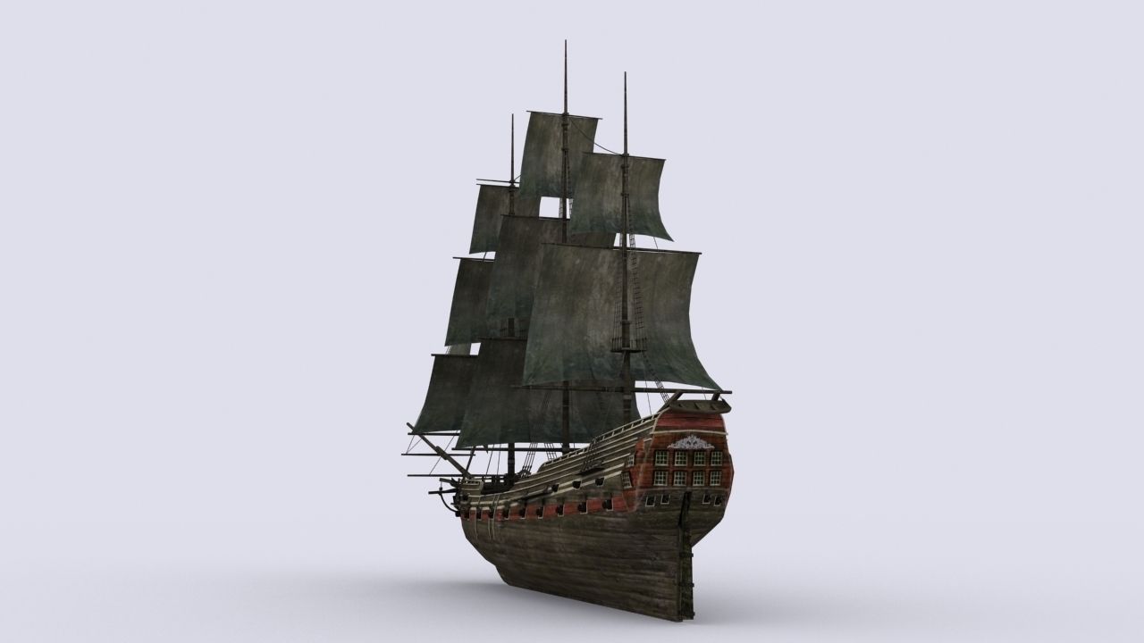 Old sailing warship Low-poly 3D model_4