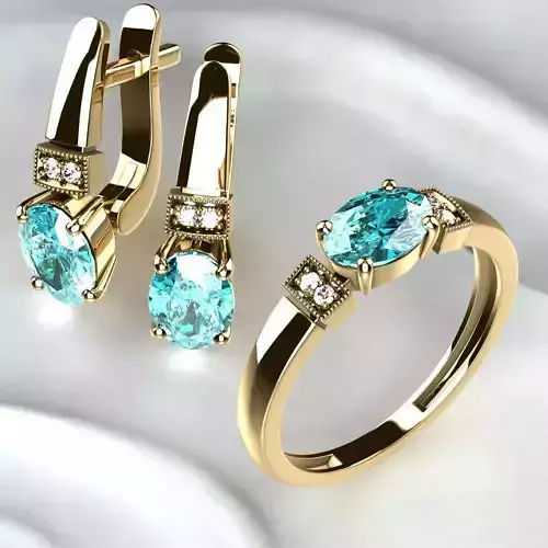 Golden Ring with Earrings Sapphires 3D print model