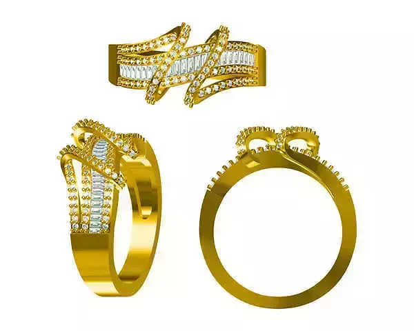 JCD format Criss cross baguette-cut gold rings 3d jewelry cad 