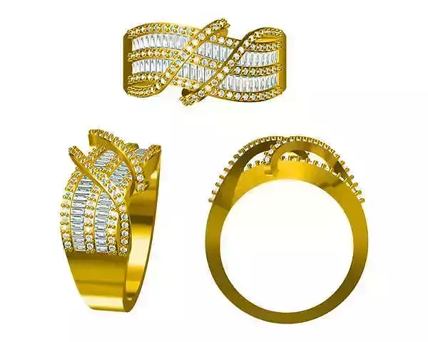 JCD format Criss cross baguette-cut gold rings 3d jewelry cad 