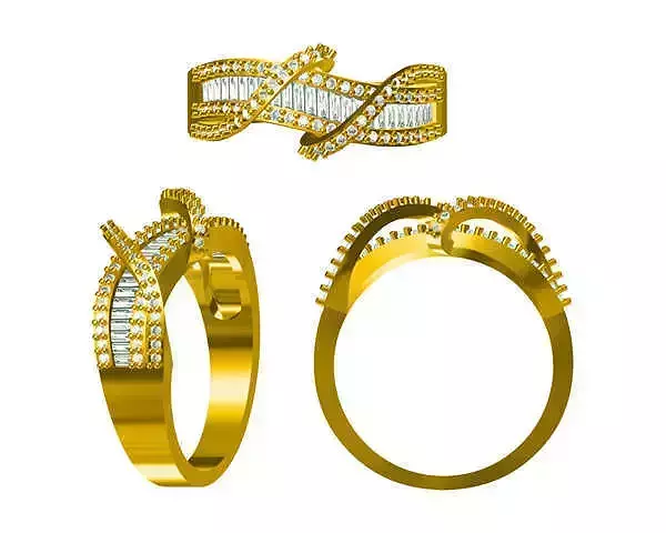 JCD format Criss cross baguette-cut gold rings 3d jewelry cad 