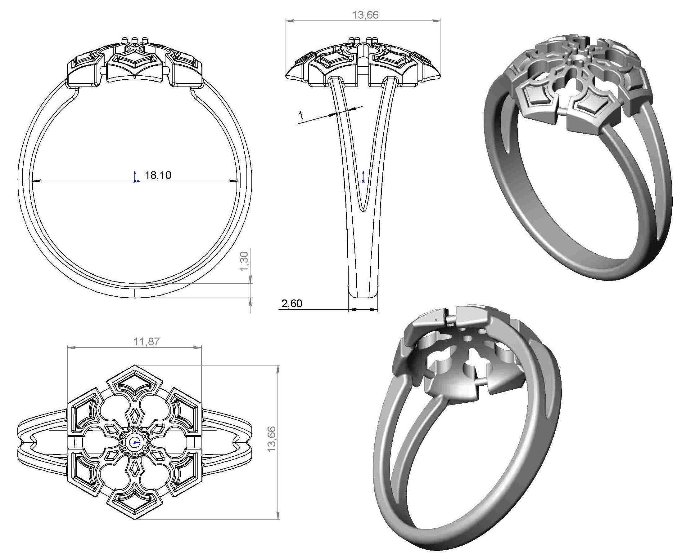 Ring gold with diamond in center 3D print model_9