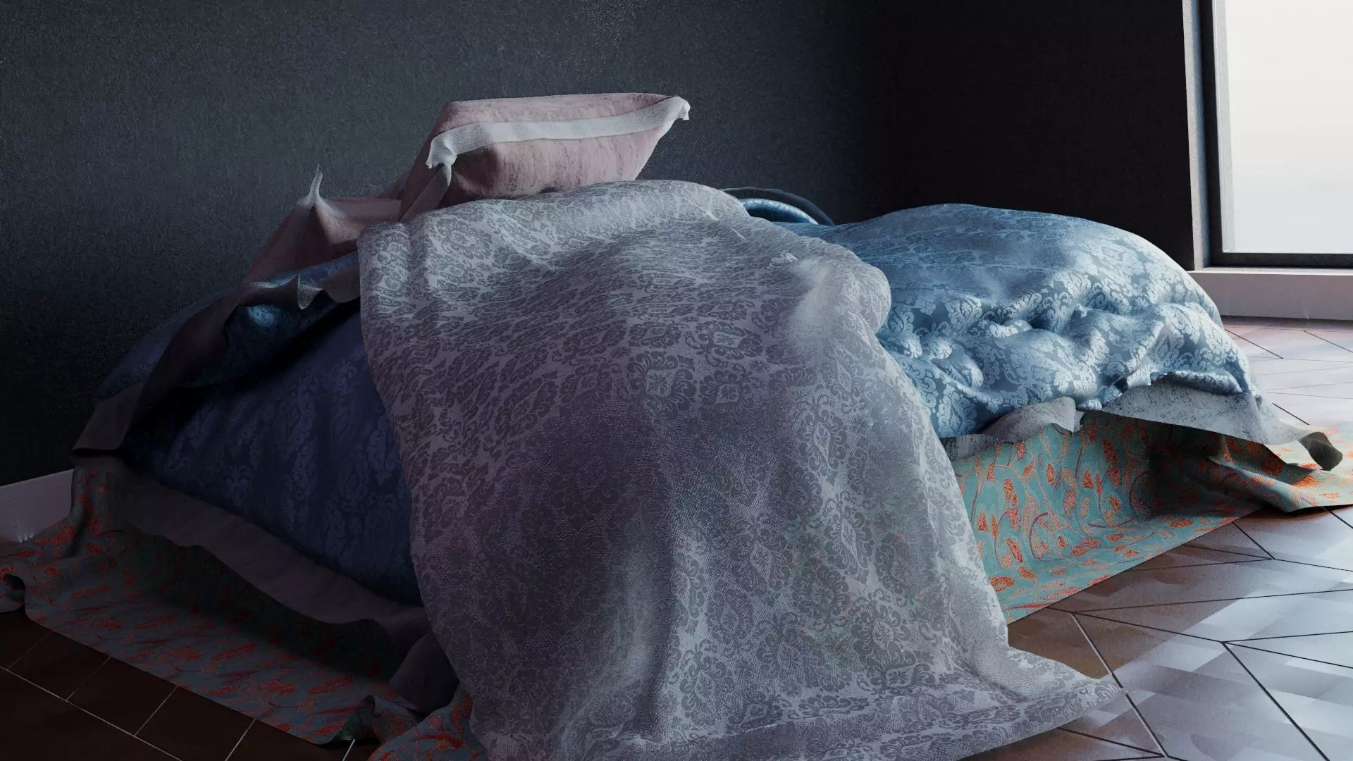 Realistic rendered messy bed  Low-poly 3D model_0