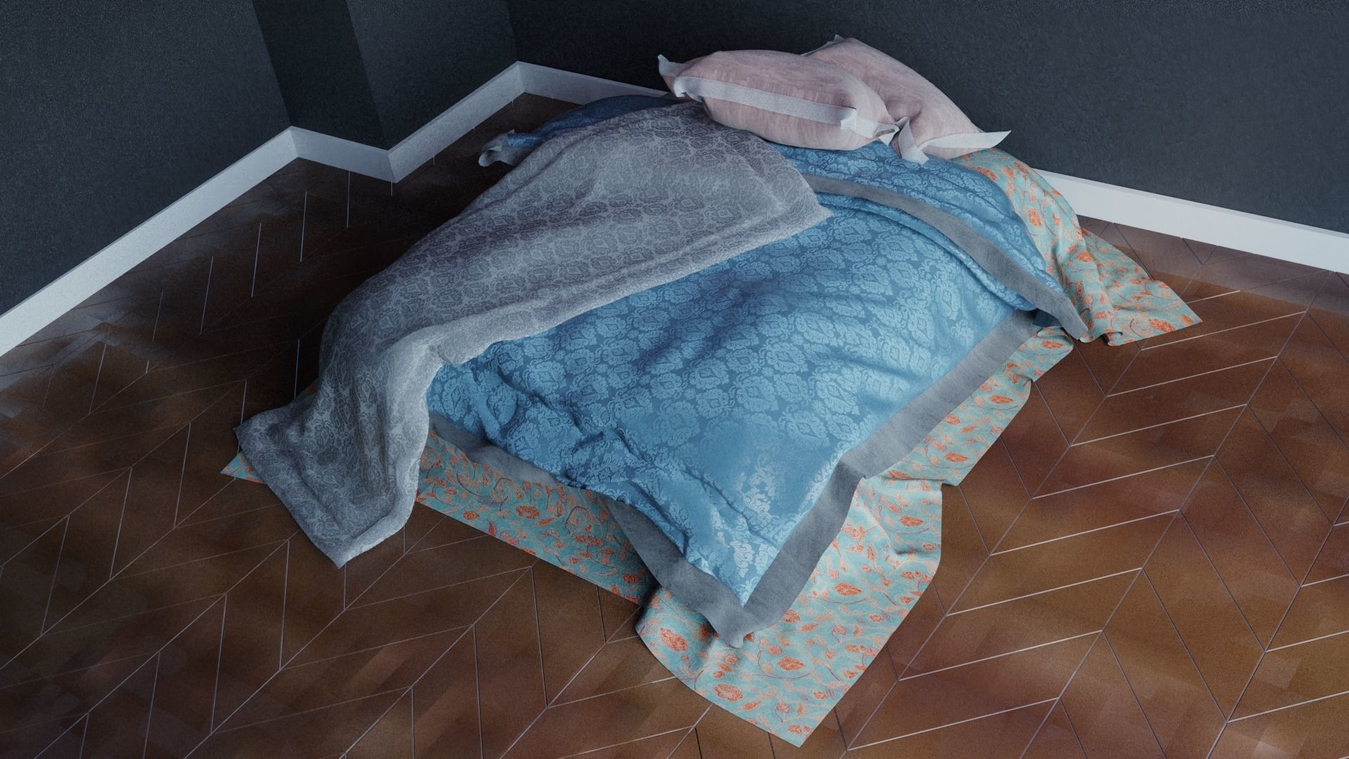 Realistic rendered messy bed  Low-poly 3D model_1