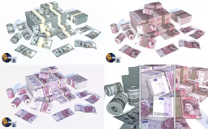 Lowpoly Money Currency Collection Pack 3d model 