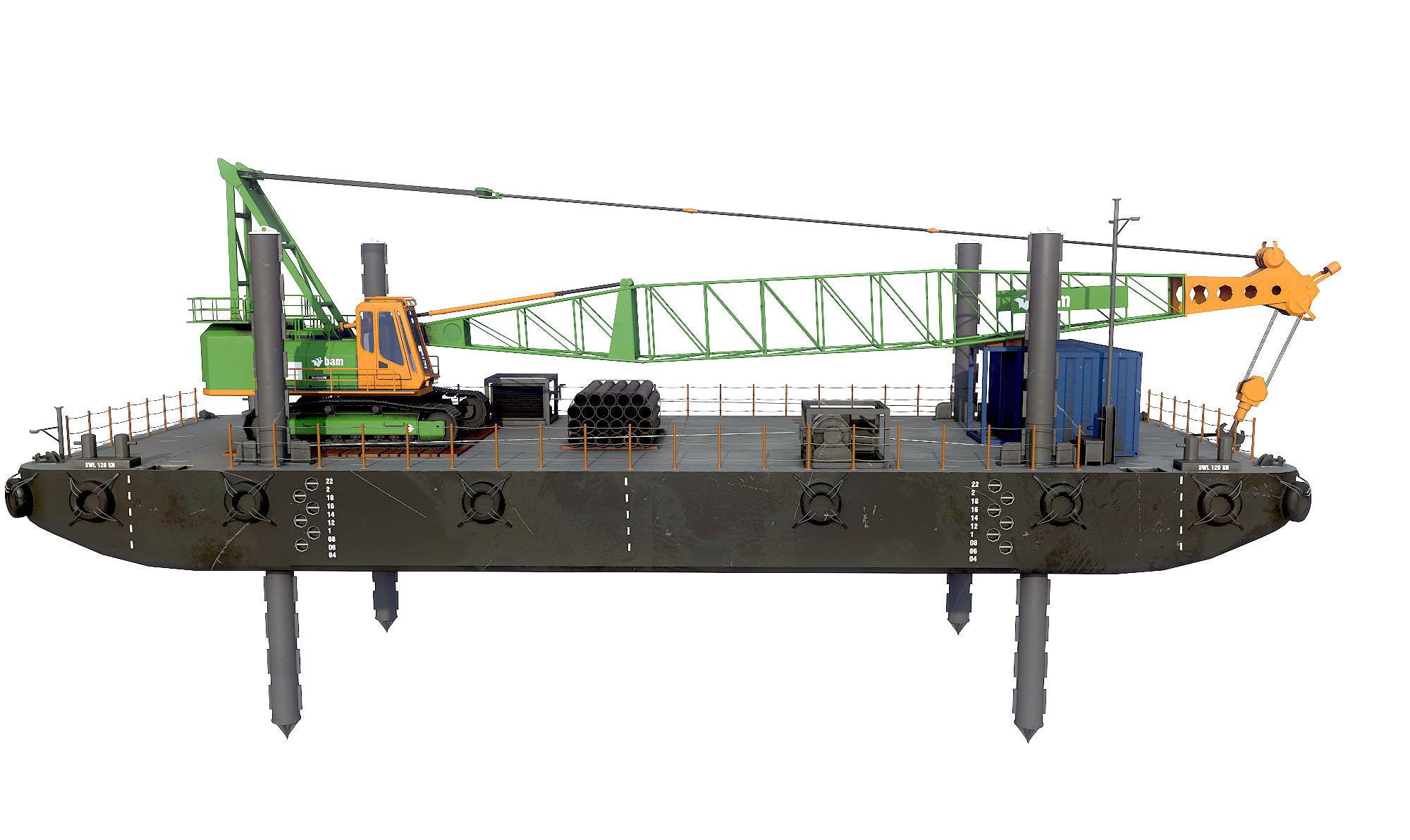 Pontoon  with jack-up and crane  3D model_1