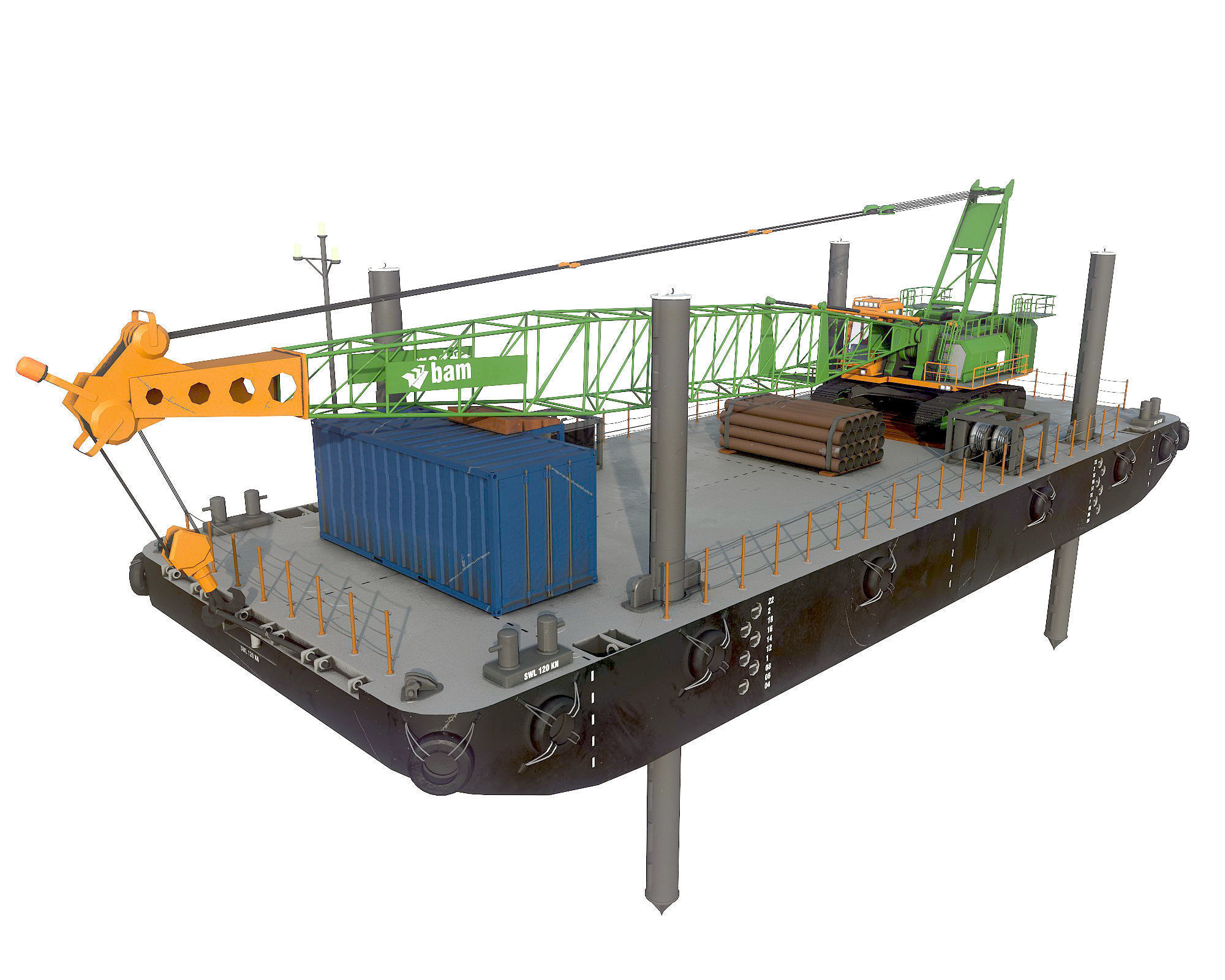 Pontoon  with jack-up and crane  3D model_3