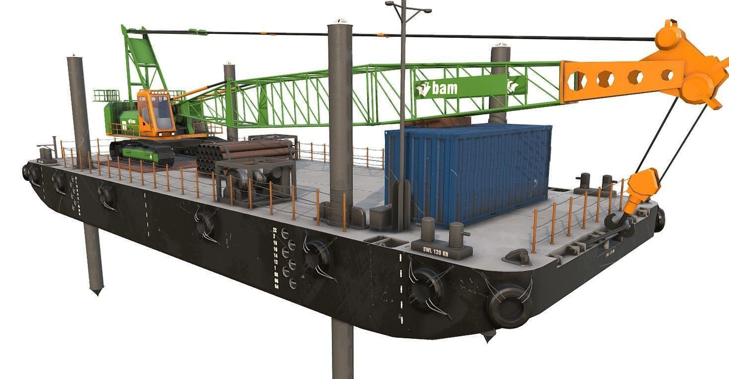 Pontoon  with jack-up and crane  3D model_2