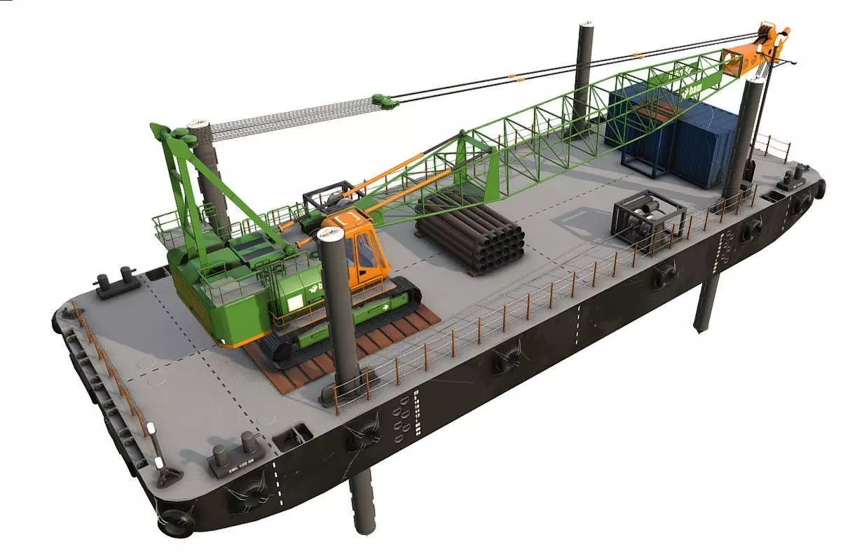 Pontoon  with jack-up and crane  3D model_0