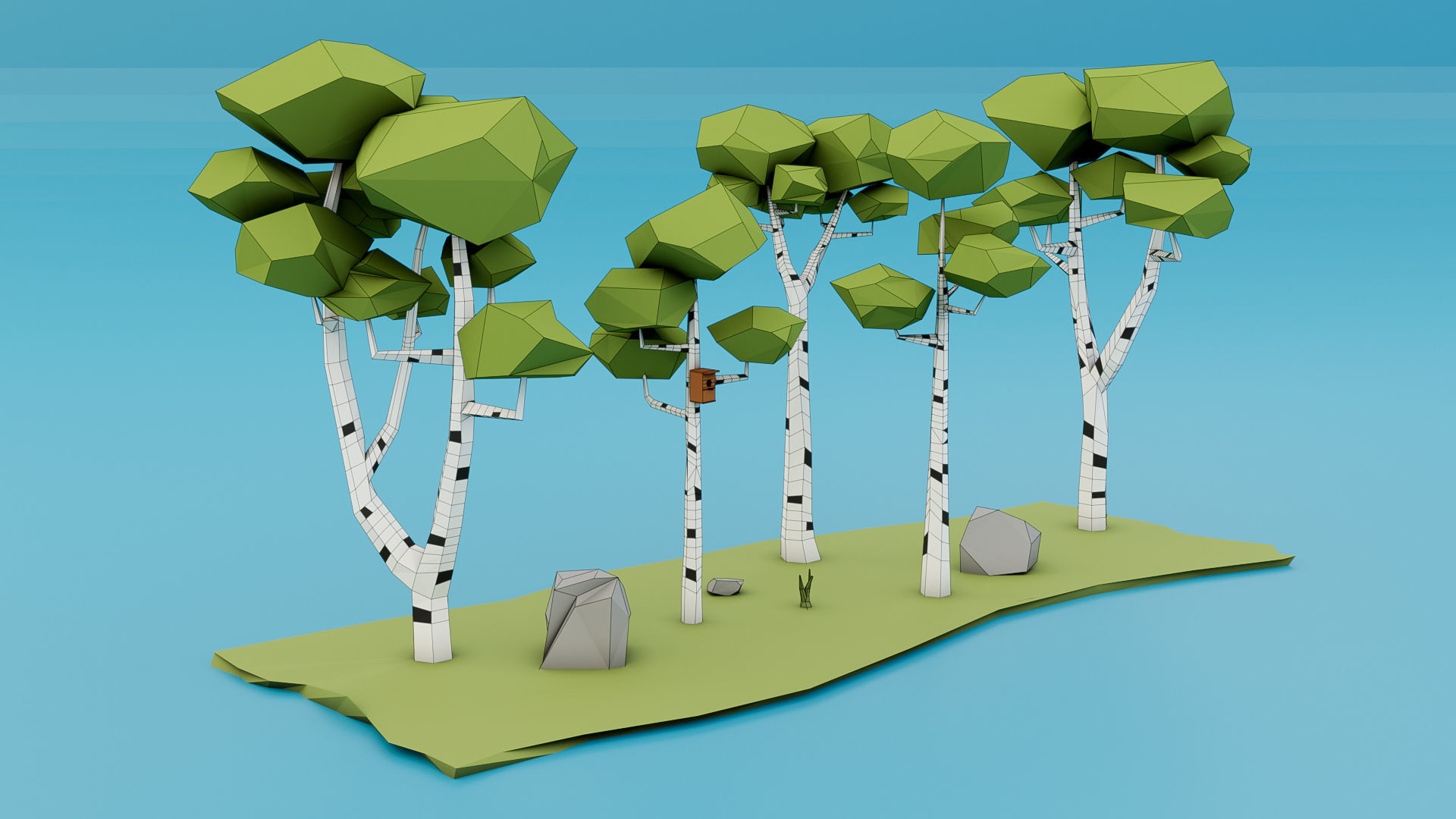 Low Poly Birches three birch trees 3D model_1