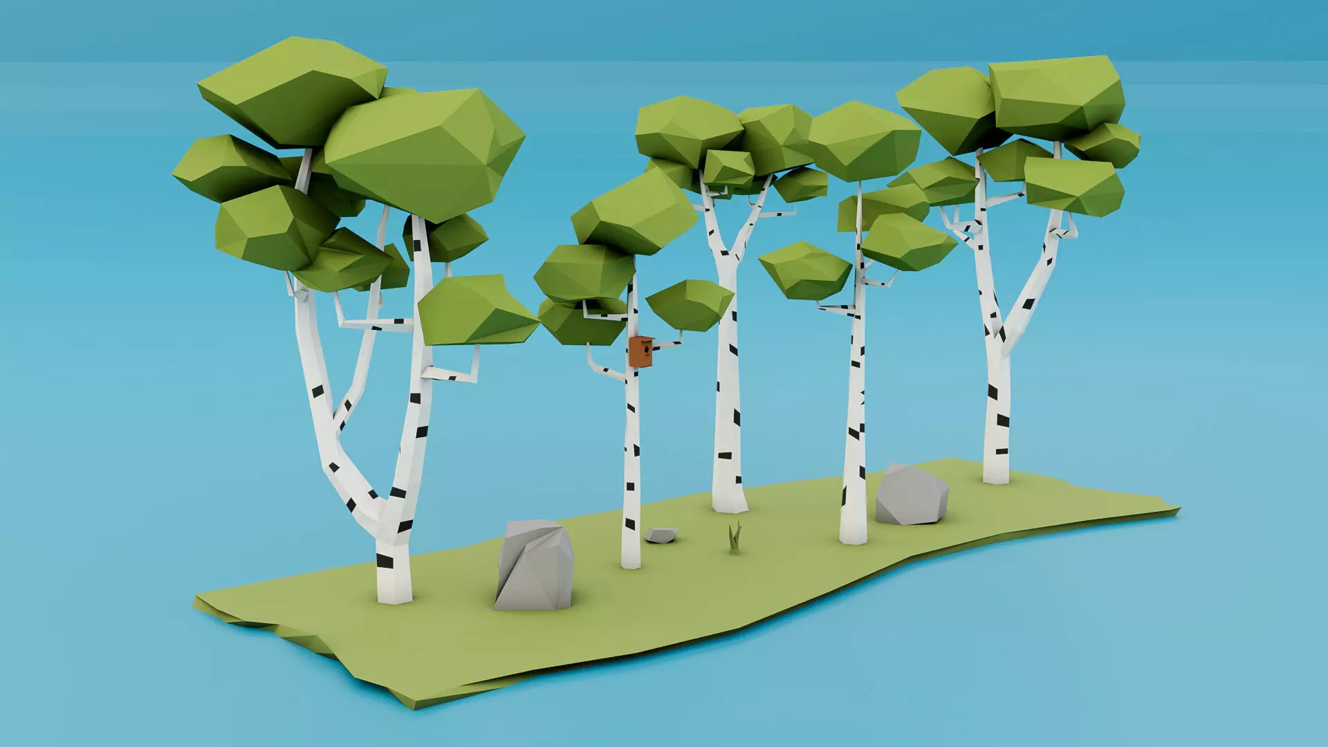 Low Poly Birches three birch trees 3D model_0