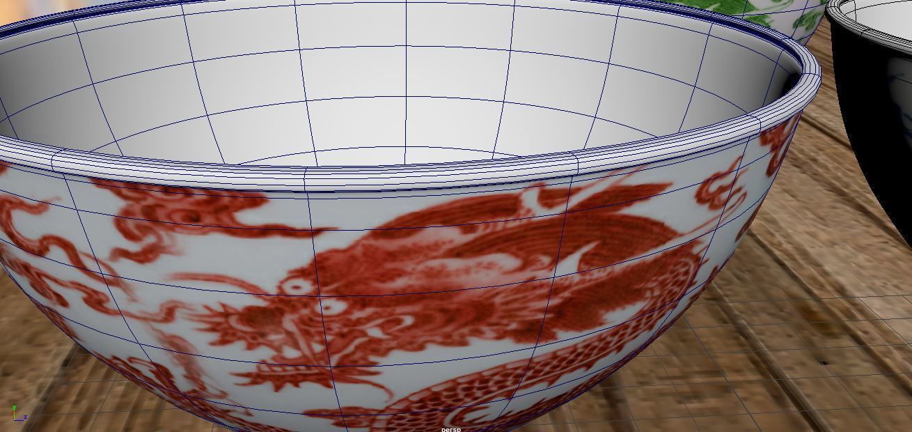 Bowl 3D Model three chinese tea cups on wooden table 3D model_1