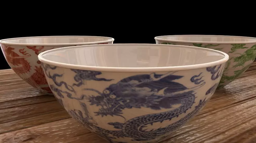 Bowl 3D Model three chinese tea cups on wooden table 3D model_0