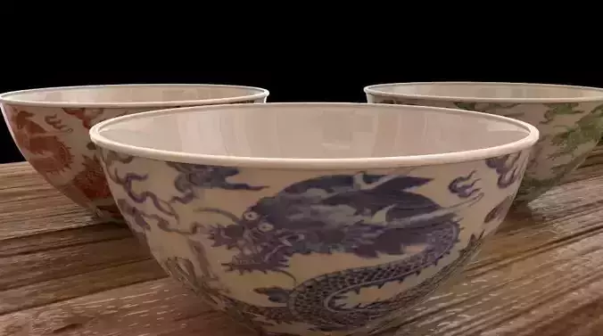 Bowl 3D Model three chinese tea cups on wooden table 3D model