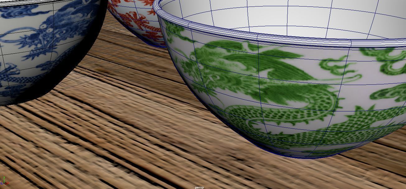 Bowl 3D Model three chinese tea cups on wooden table 3D model_2