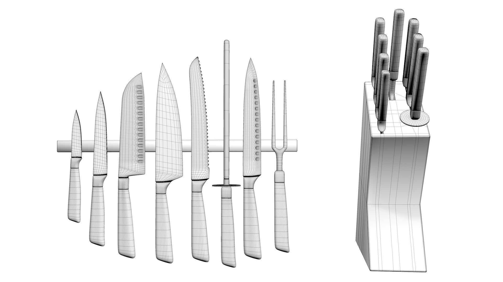 Knife set block with six knives in it 3D model_6