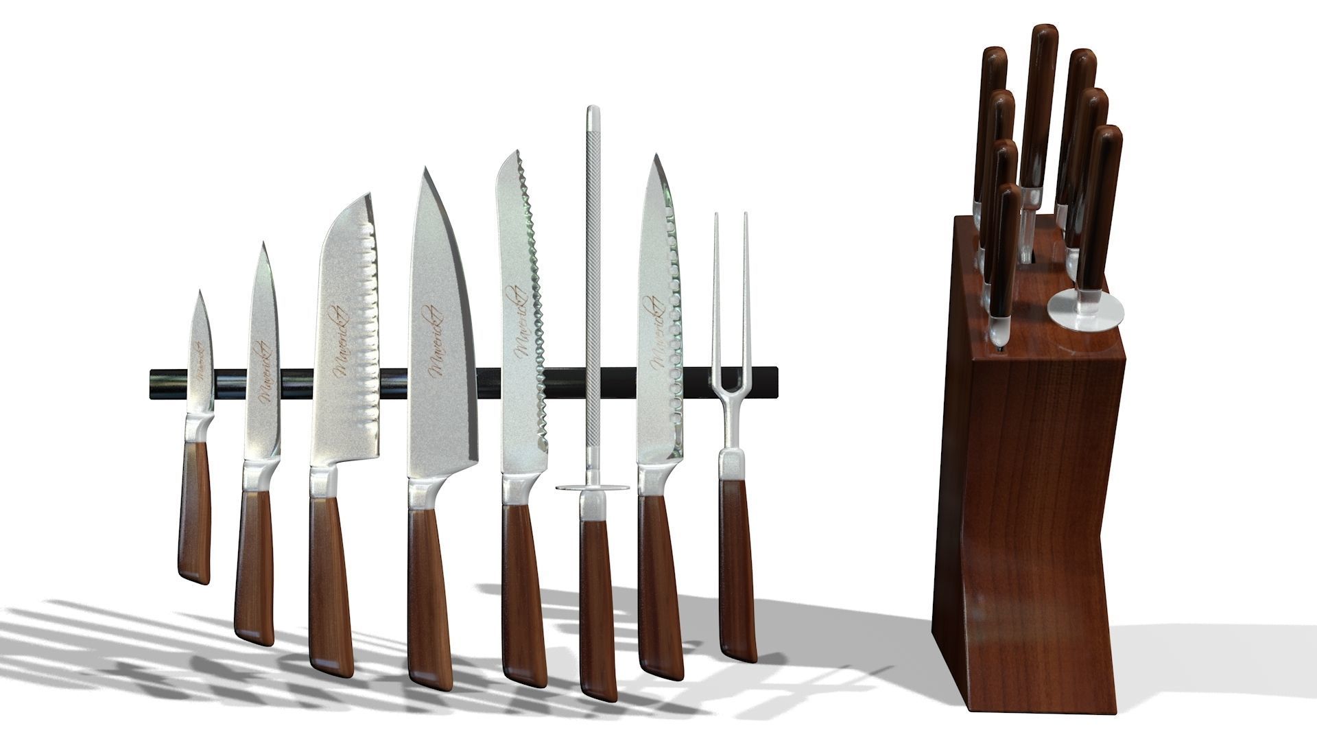 Knife set block with six knives in it 3D model_2