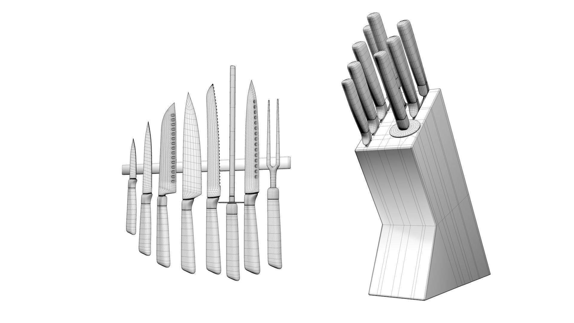Knife set block with six knives in it 3D model_5