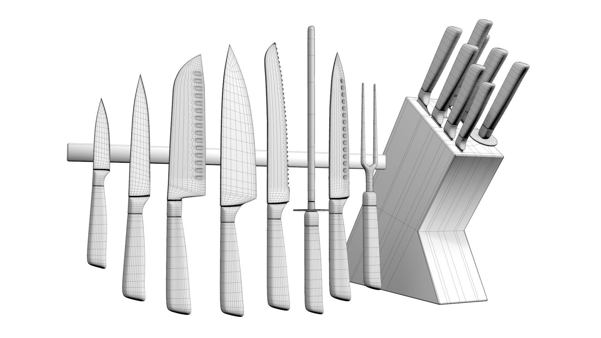 Knife set block with six knives in it 3D model_4