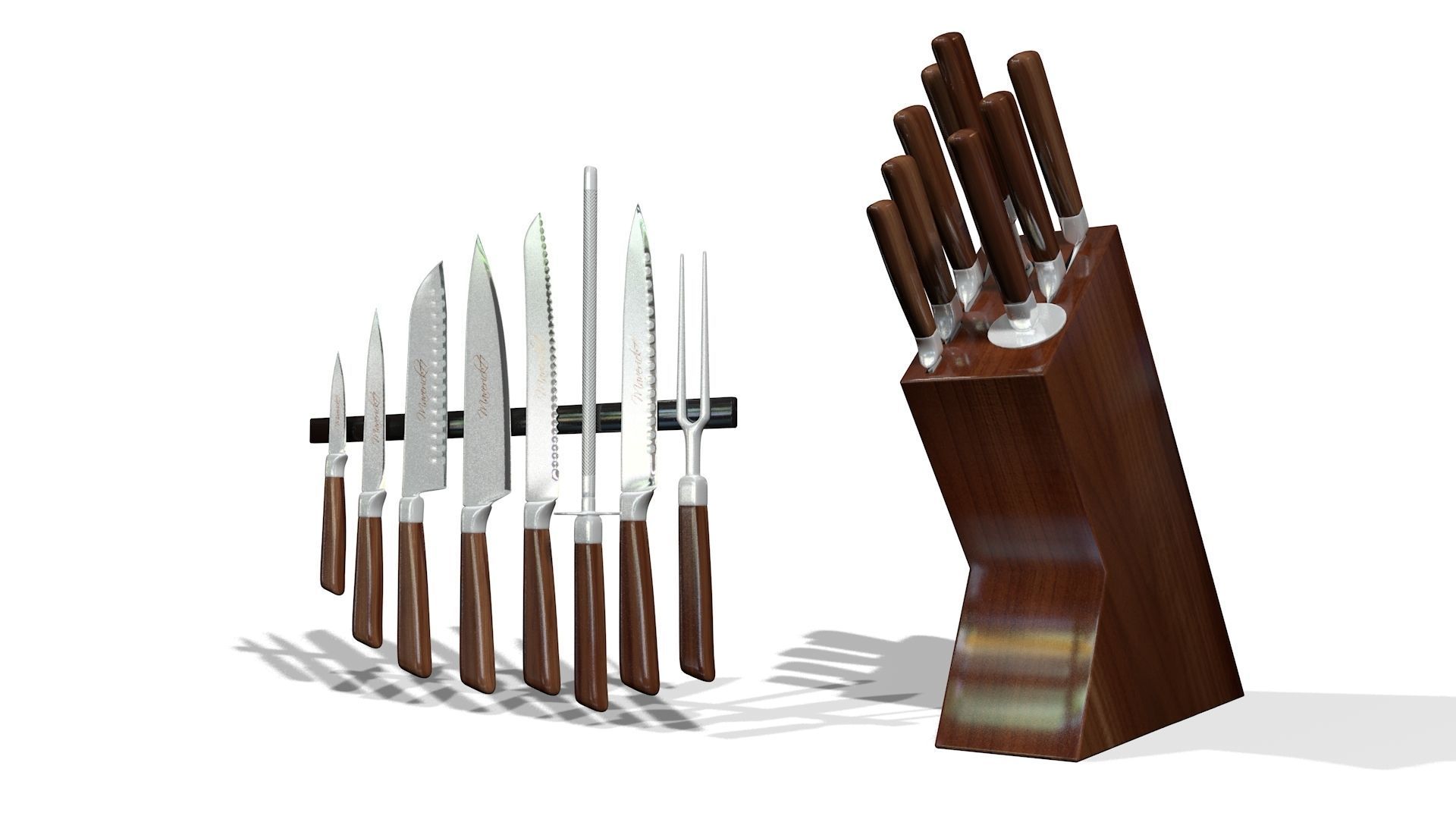 Knife set block with six knives in it 3D model_1