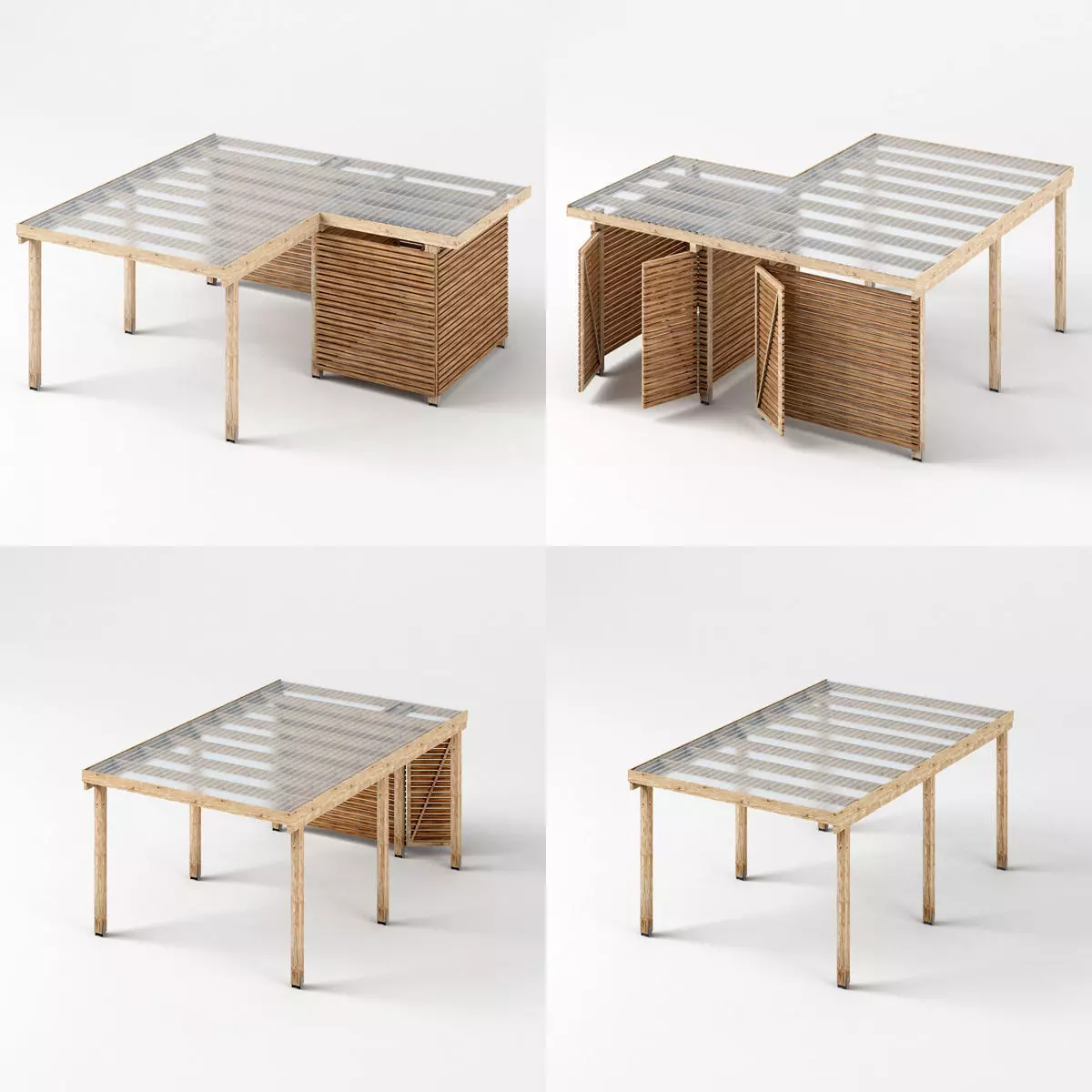 Three carports - wood frame and paneling - carport - car parking Low-poly 3D model_0