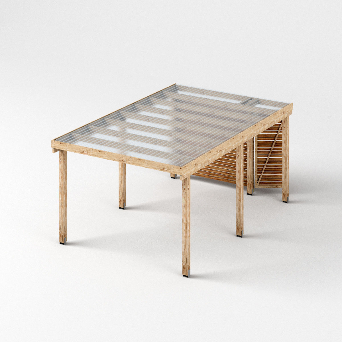 Three carports - wood frame and paneling - carport - car parking Low-poly 3D model_7