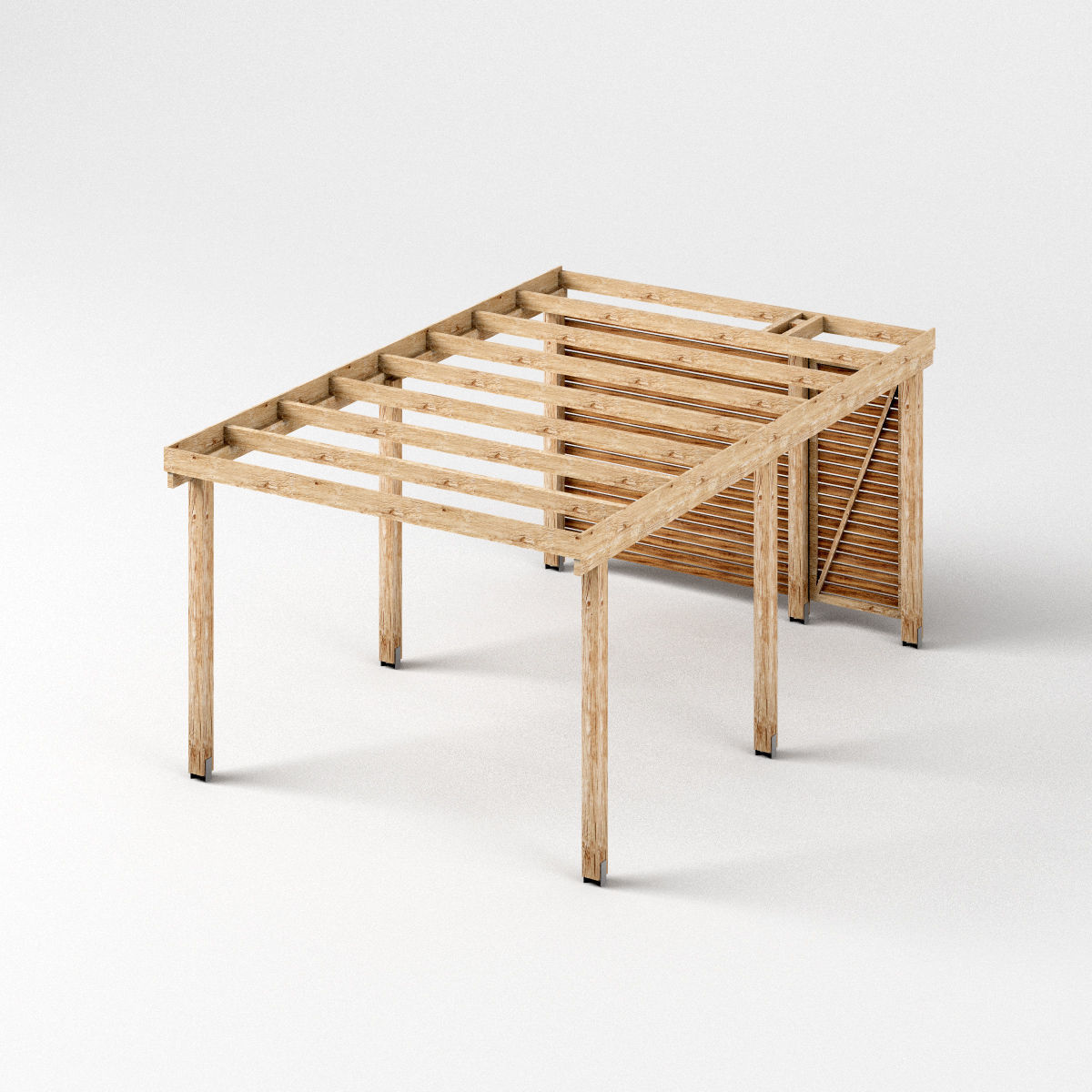 Three carports - wood frame and paneling - carport - car parking Low-poly 3D model_8