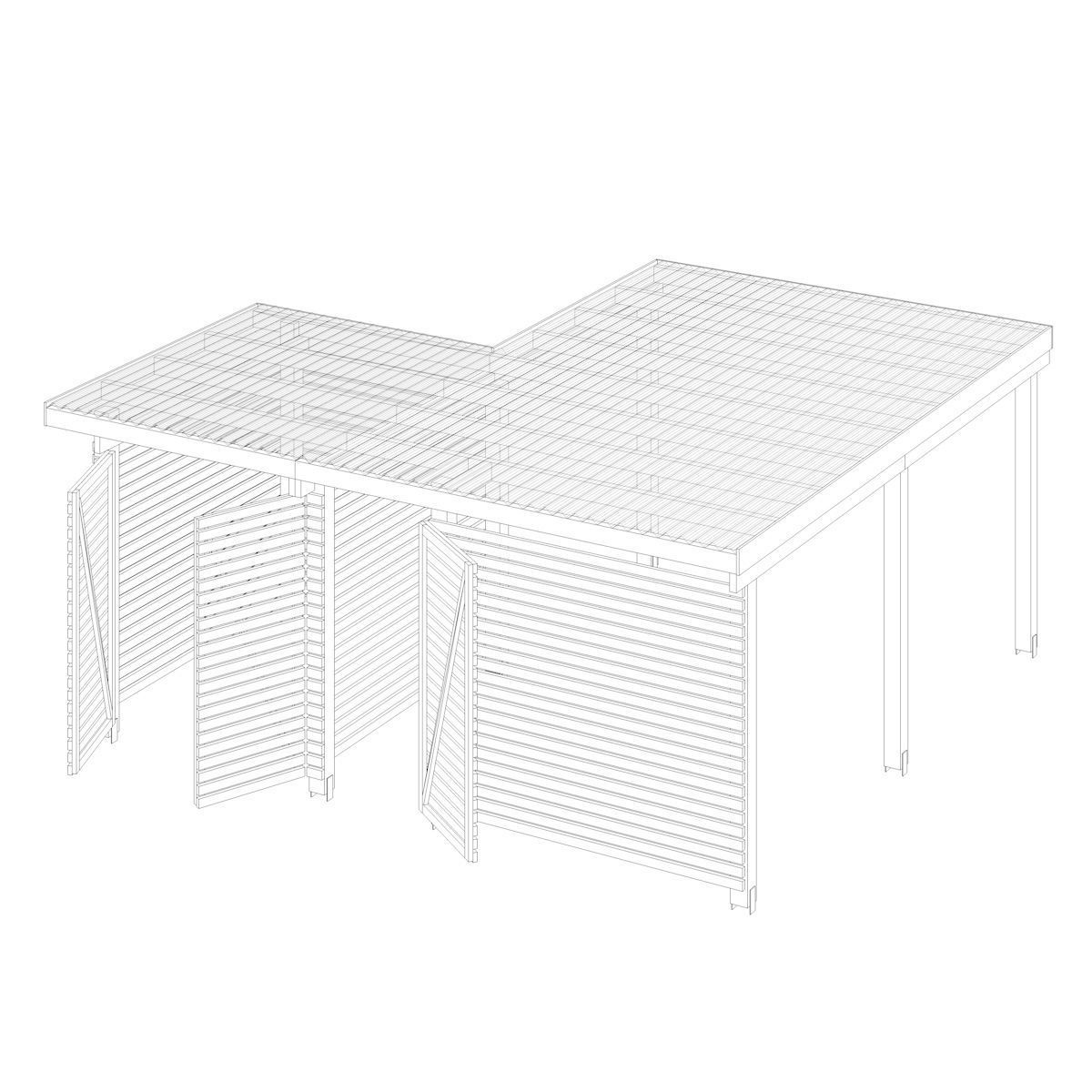 Three carports - wood frame and paneling - carport - car parking Low-poly 3D model_6