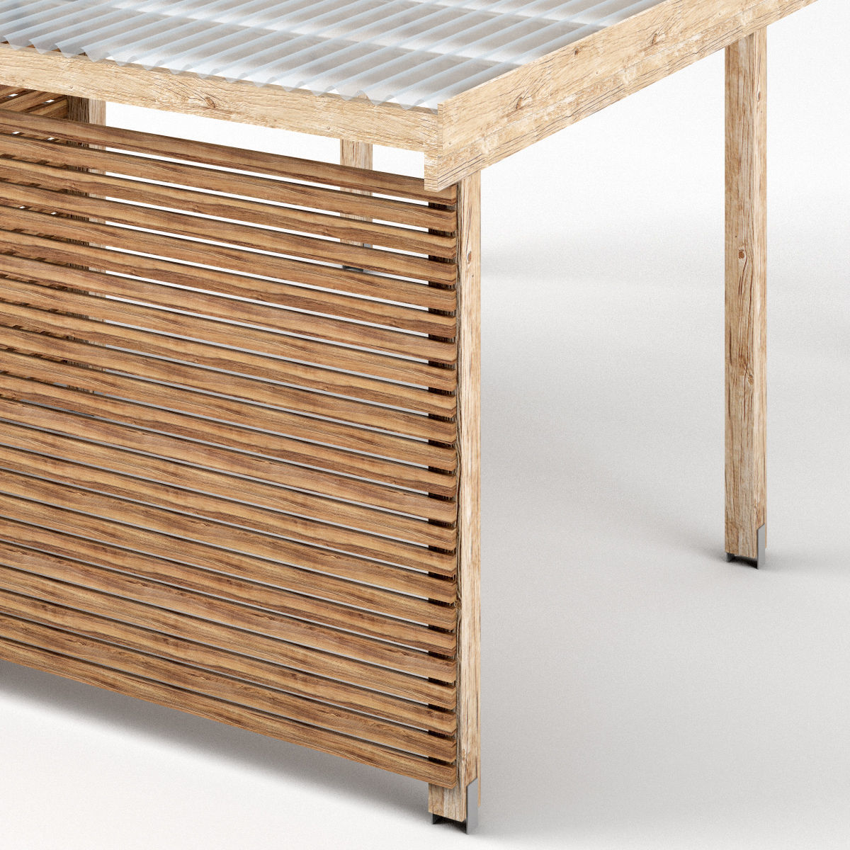 Three carports - wood frame and paneling - carport - car parking Low-poly 3D model_13