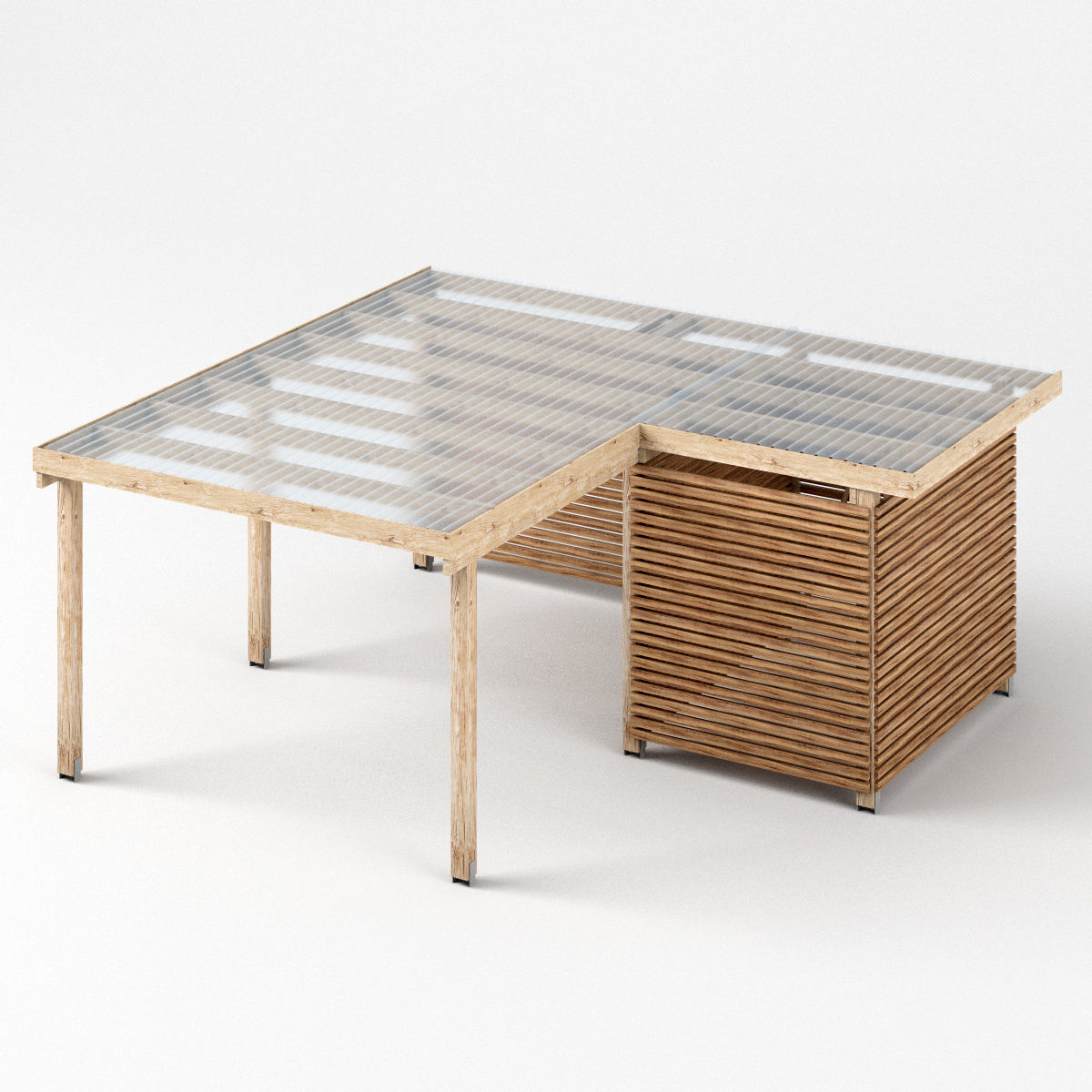 Three carports - wood frame and paneling - carport - car parking Low-poly 3D model_1