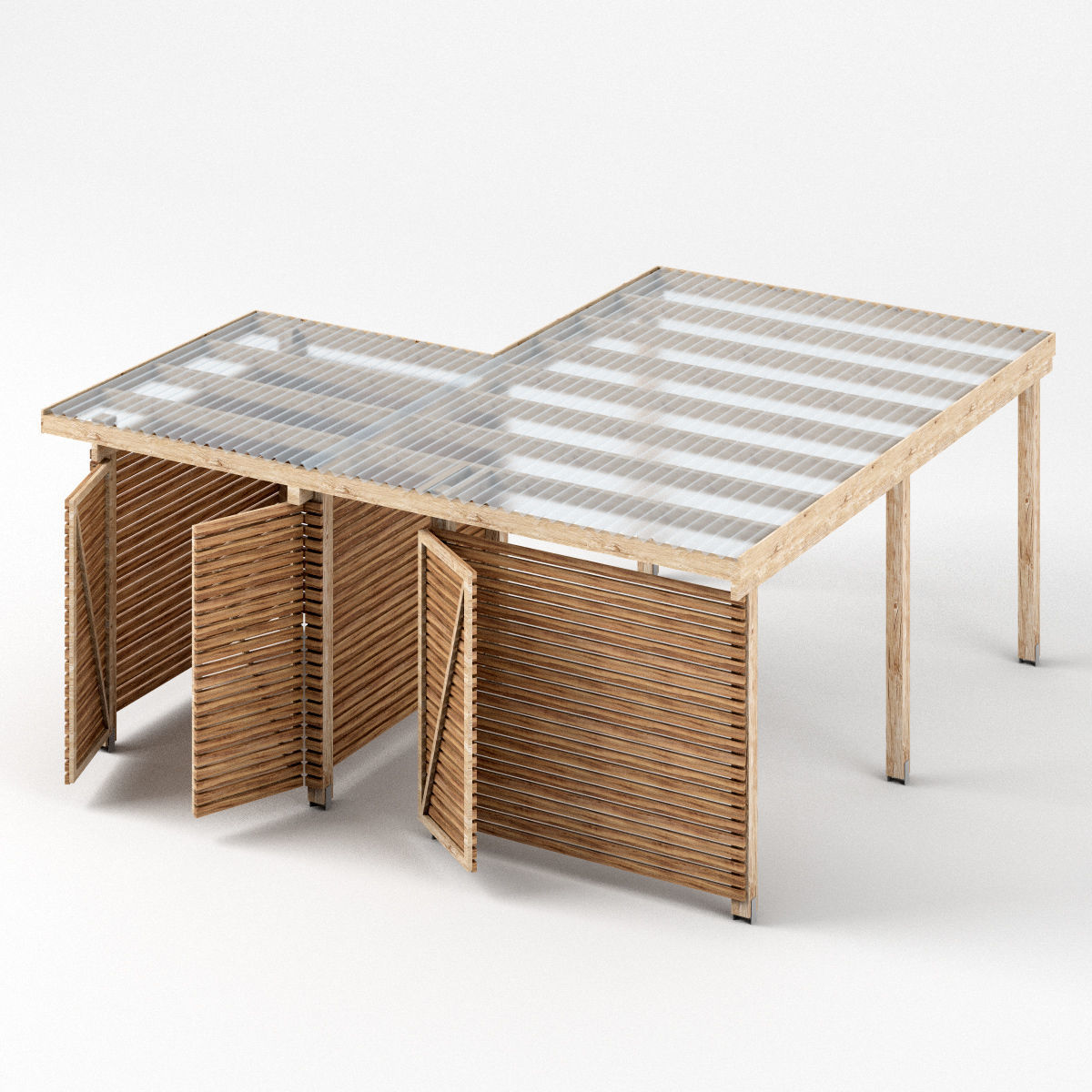 Three carports - wood frame and paneling - carport - car parking Low-poly 3D model_4