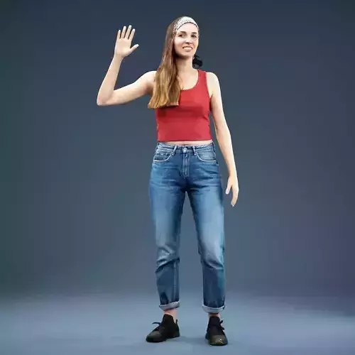 Woman in Baggy Jeans Red Top Waving Low-poly 3D model