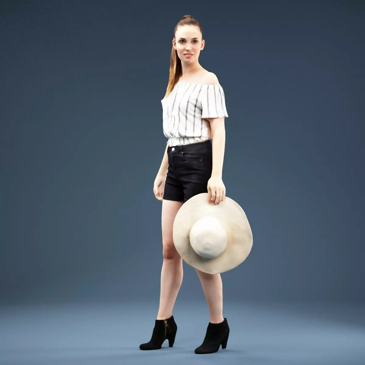 Girl wearing Blouse Short holding Hat Low-poly 3D model