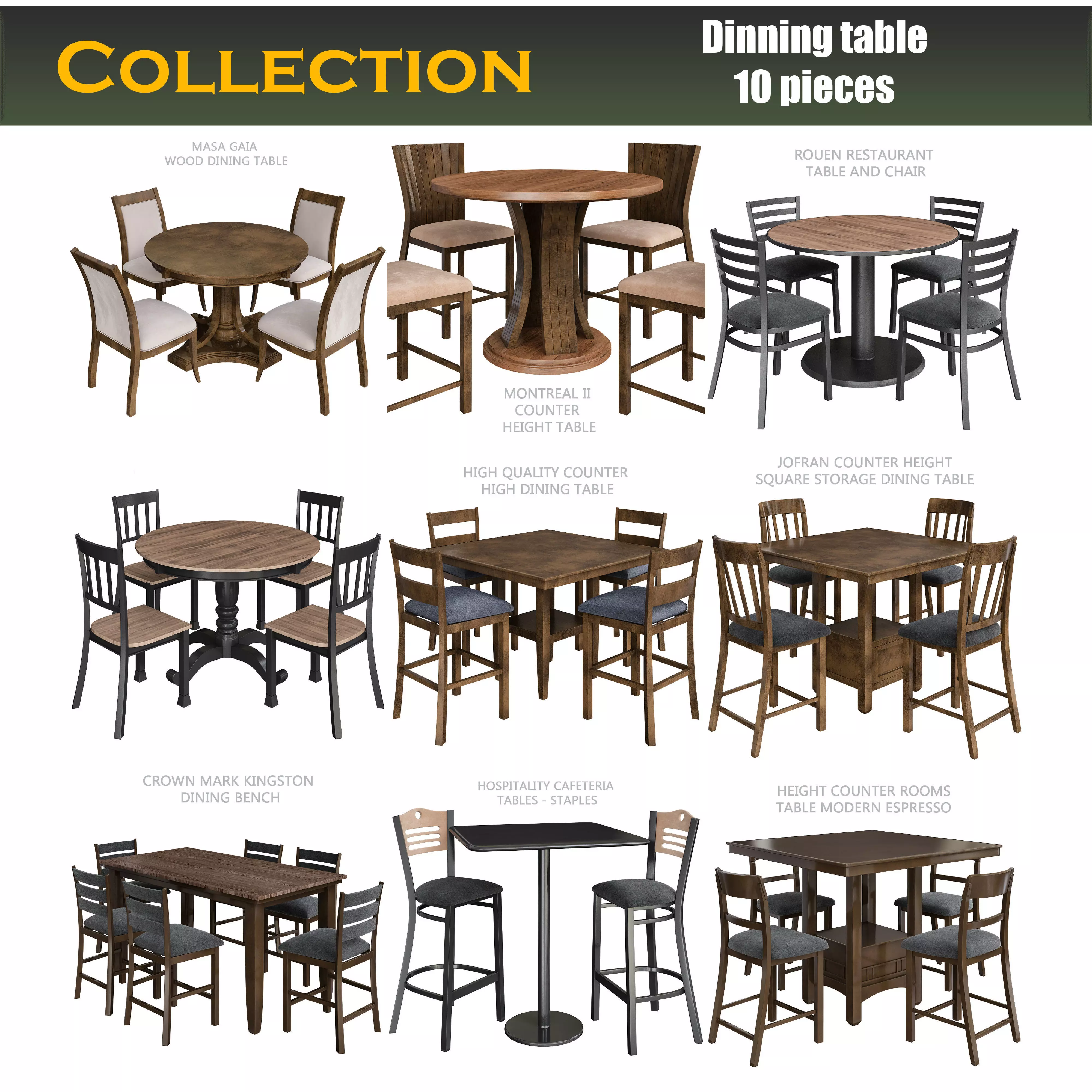 Dinning table 3d model collection 10 pieces Low-poly 3D model_0
