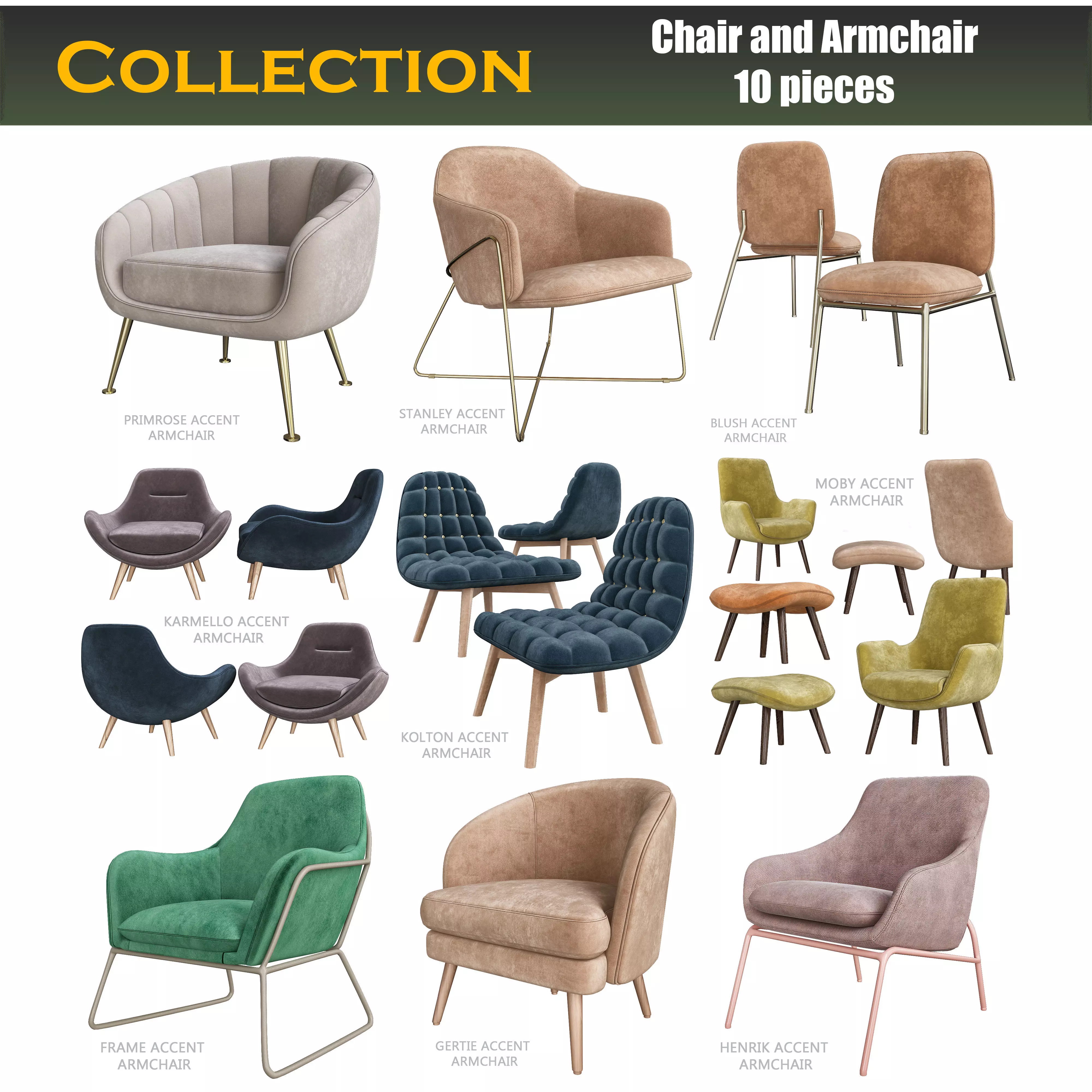 Chair and Armchair 3d model collection 10 pieces Low-poly 3D model_0