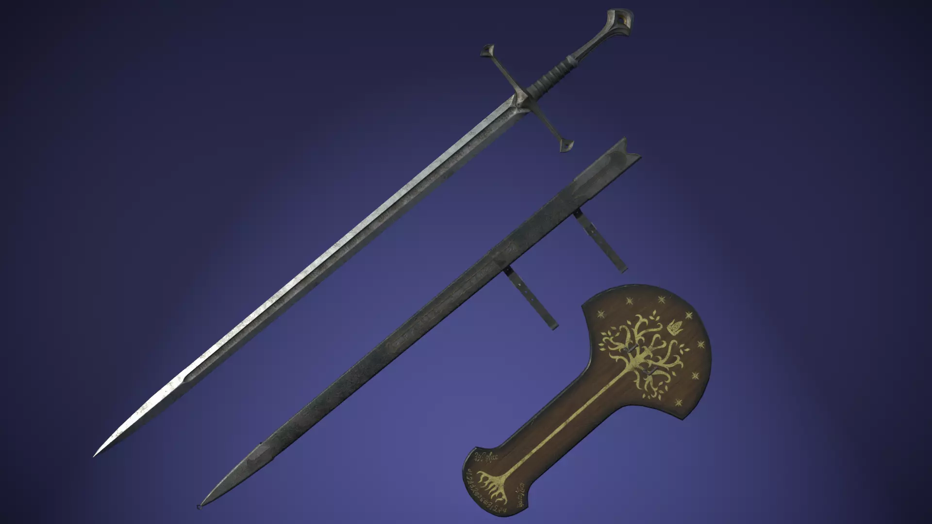 Anduril sword from LOTR with scabbard band and stand Low-poly 3D model_0