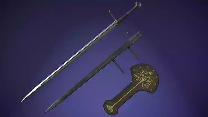 Anduril sword from LOTR with scabbard band and stand Low-poly 3D model