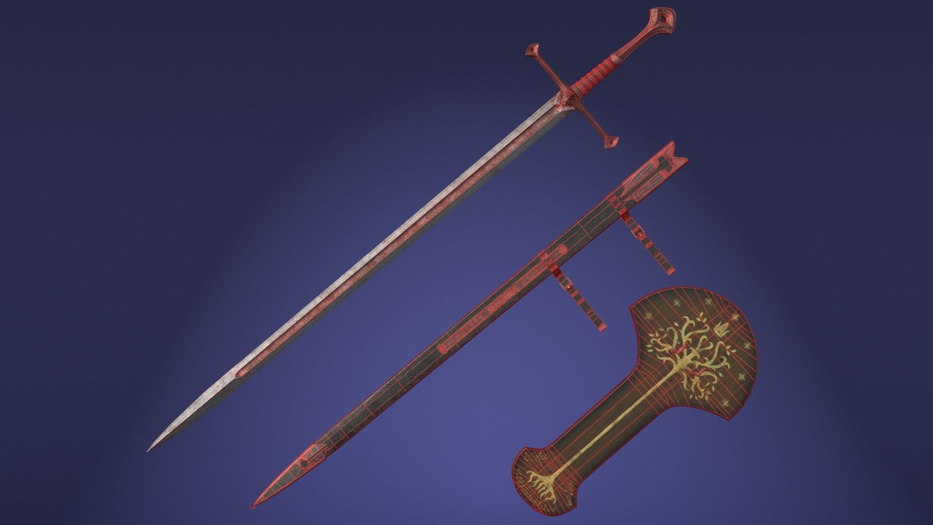 Anduril sword from LOTR with scabbard band and stand Low-poly 3D model_11