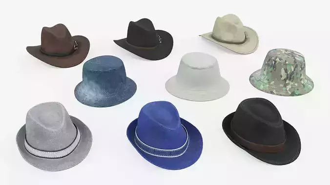Set of Mens Hats Low-poly 3D model