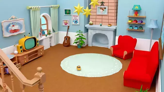 Cartoon living room house  Low-poly 3D model