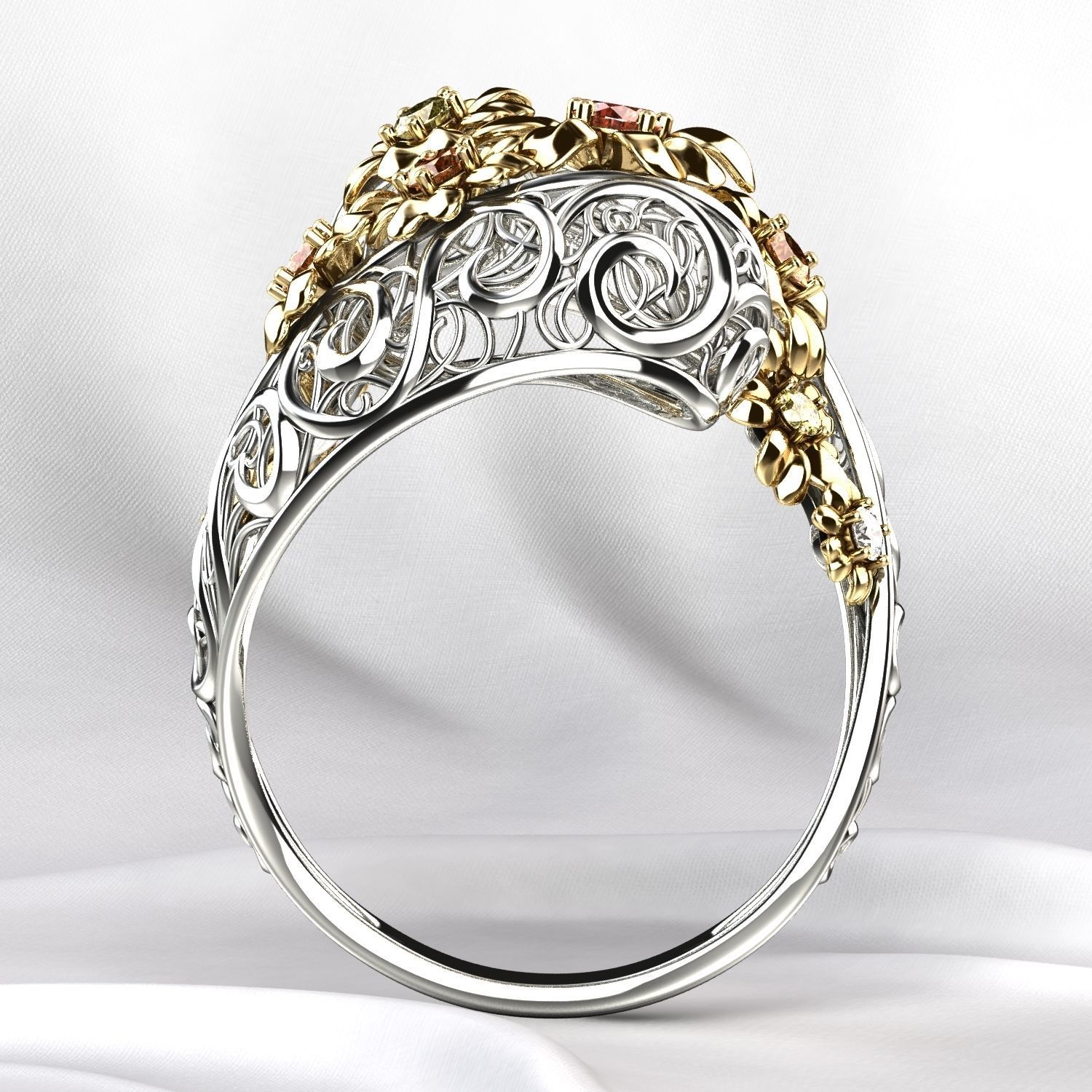 Flowers Gold Ring with Sapphires 3D print model_6