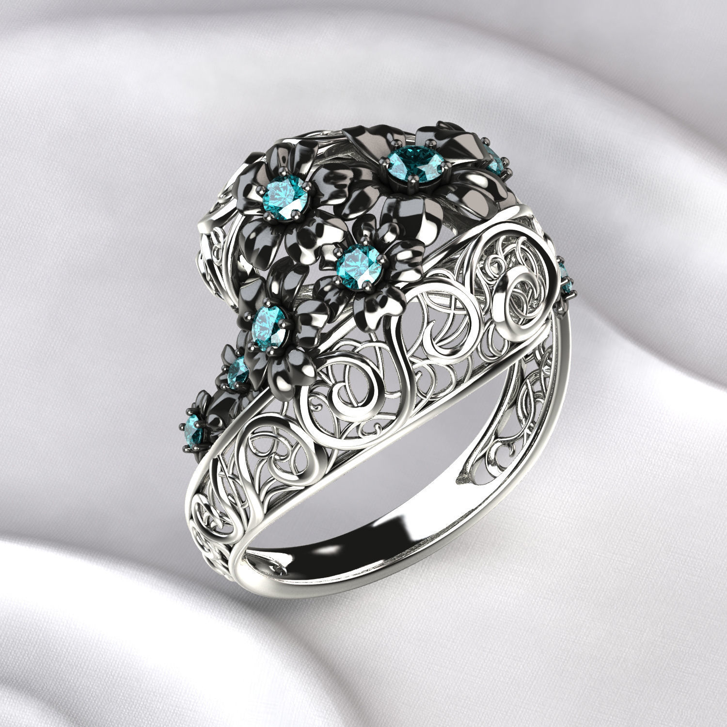 Flowers Gold Ring with Sapphires 3D print model_4