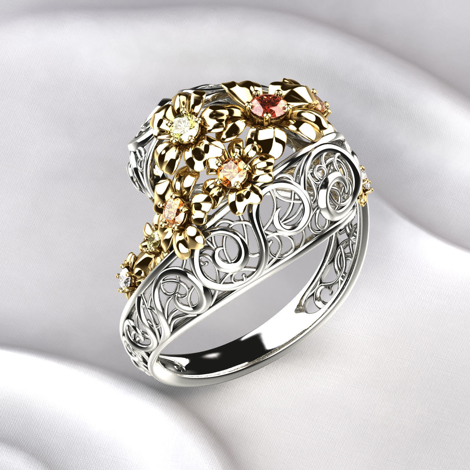 Flowers Gold Ring with Sapphires 3D print model_1