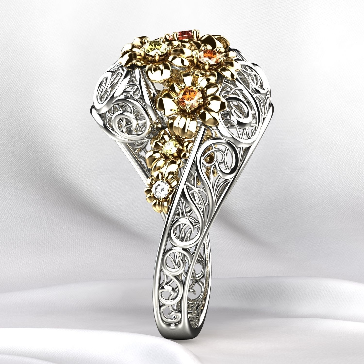 Flowers Gold Ring with Sapphires 3D print model_7